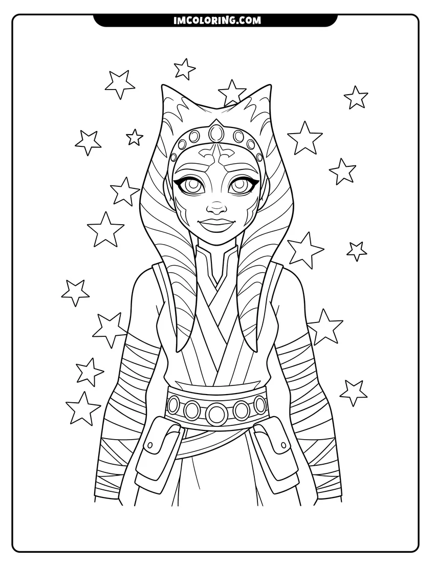 Kids activity sheet showing Portrait of Ahsoka Tano with striped montrals