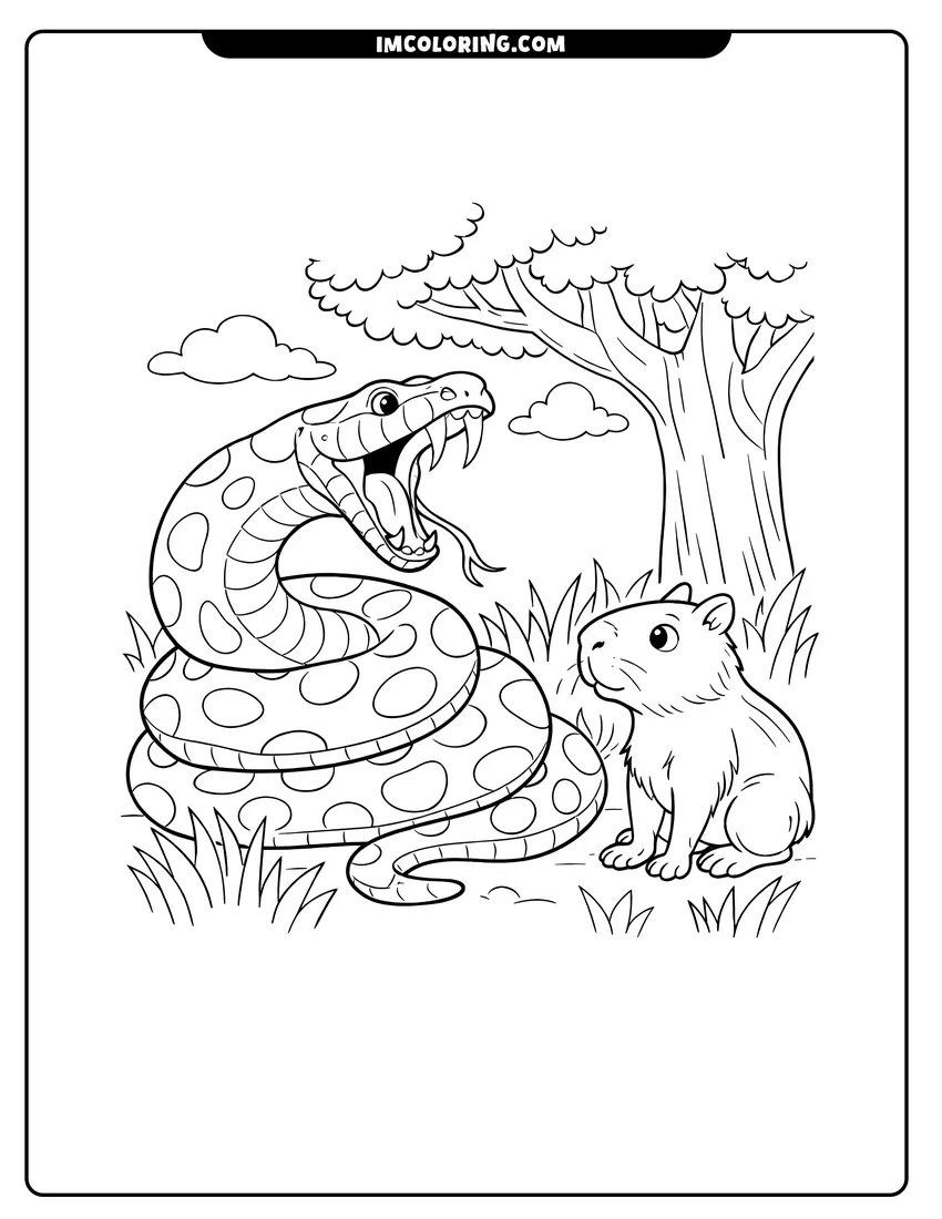 Printable coloring page featuring Large spotted Anaconda striking at a capybara near trees