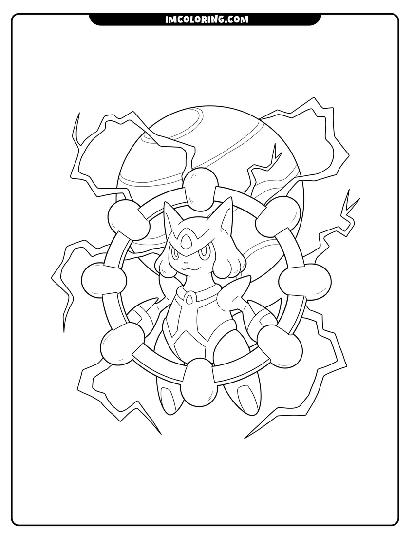 Kawaii style Arceus floating in front of an orb with electricity coloring picture