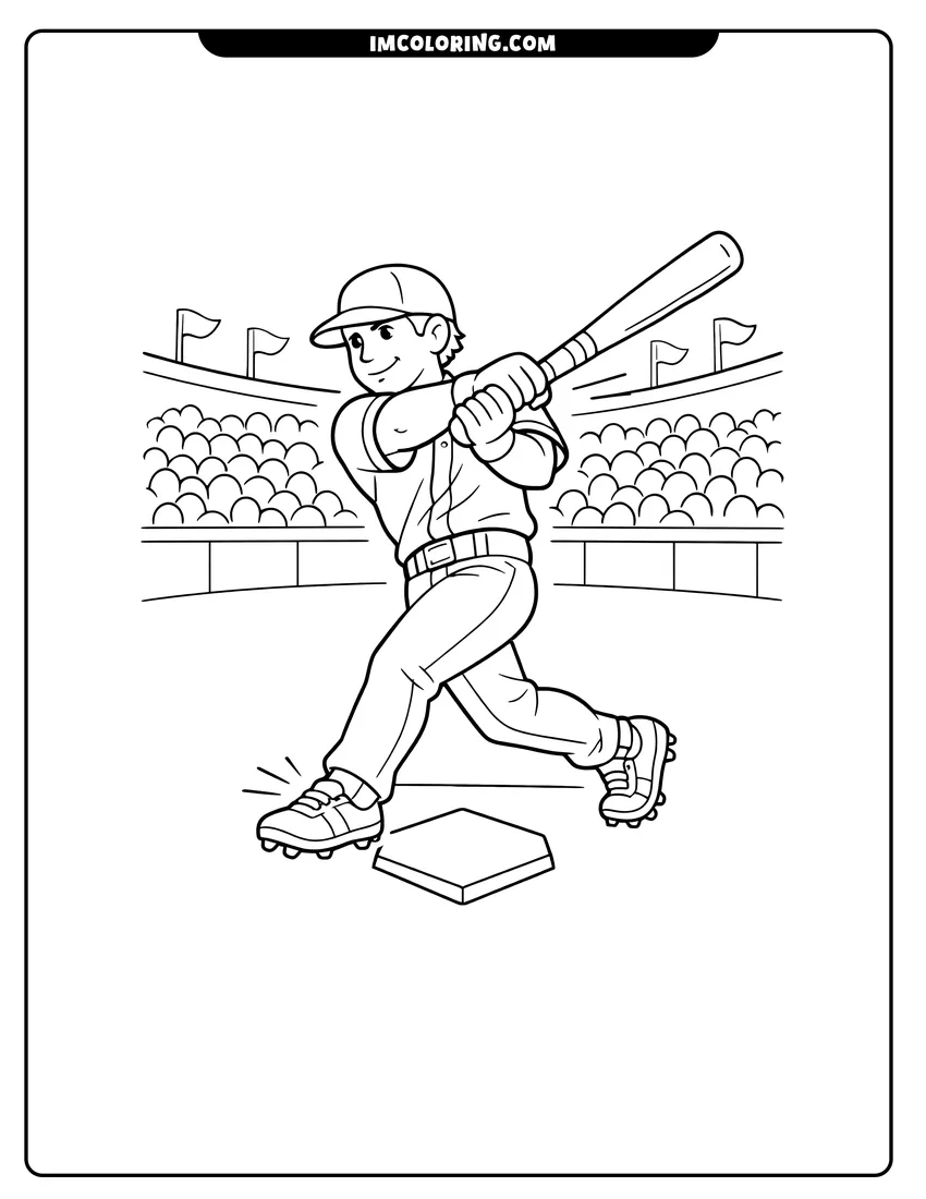 Line art depicting Baseball player swinging a bat for a home run