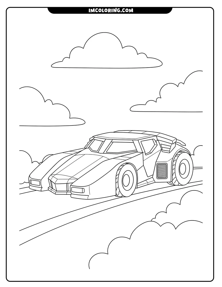 Cute Tank-like Batmobile Tumbler parked on a road outline for coloring