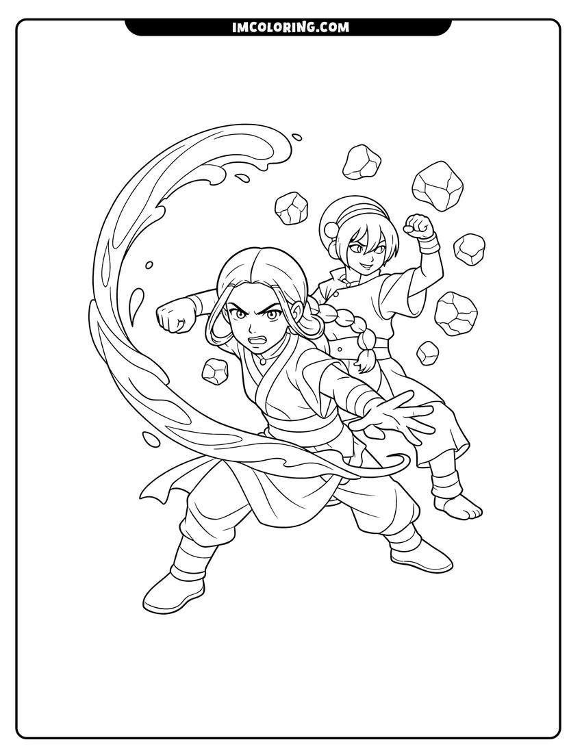Printable outline of Katara and Toph bending together