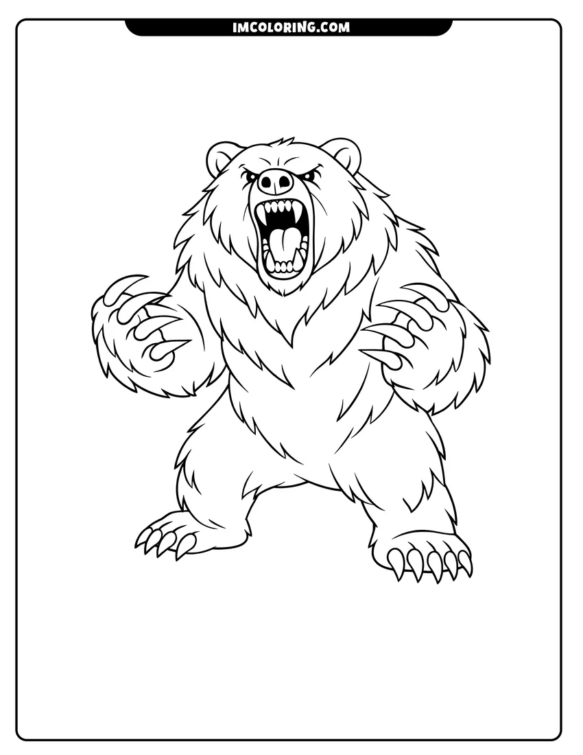Outline of Aggressive grizzly bear with sharp claws and teeth on a white background