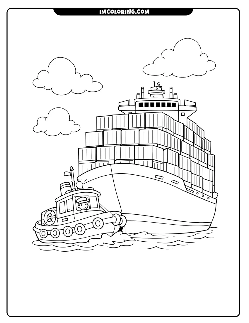 Printable coloring page featuring Tugboat pushing a massive cargo ship with shipping containers