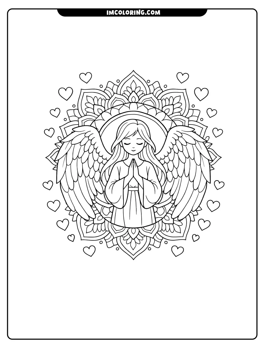 Kids activity sheet showing Praying angel inside a floral mandala heart frame