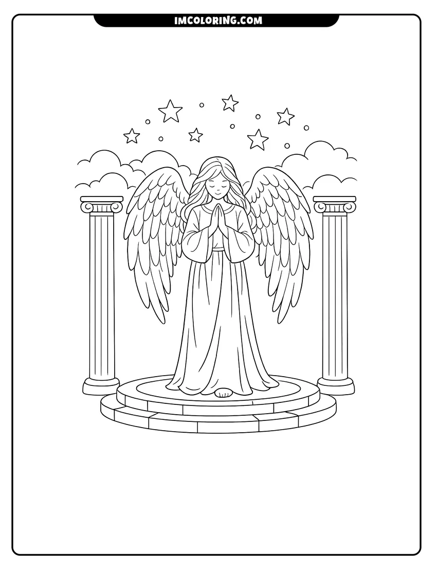 Printable coloring page featuring Angel praying on an altar between two tall pillars