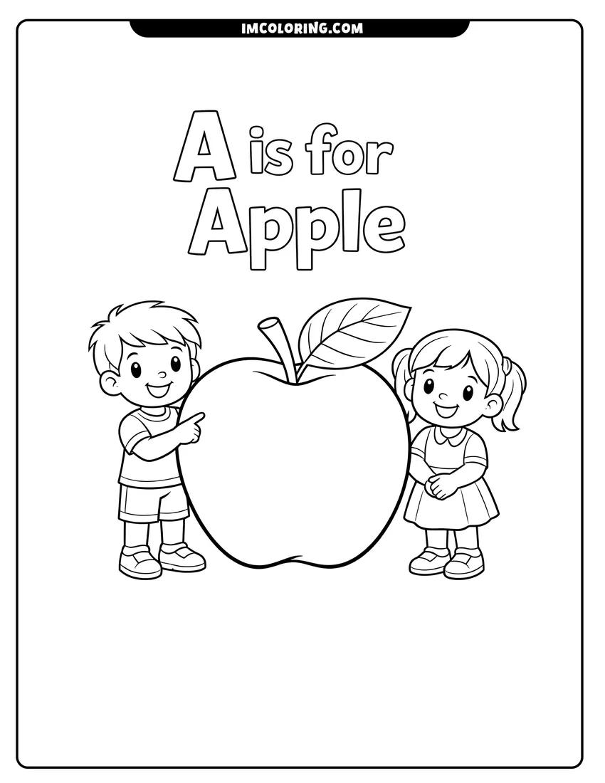 Kids activity sheet showing A is for Apple text