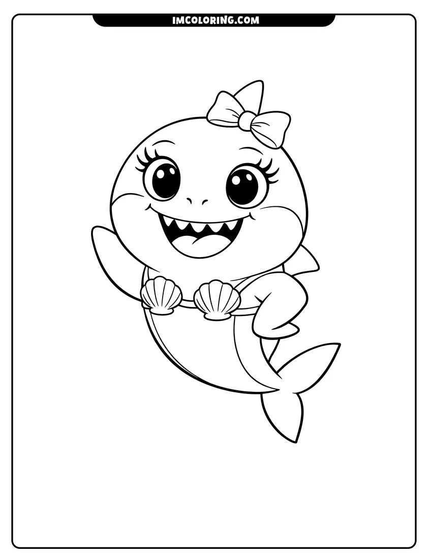 Simple line drawing of Mommy Shark with long eyelashes smiling happily