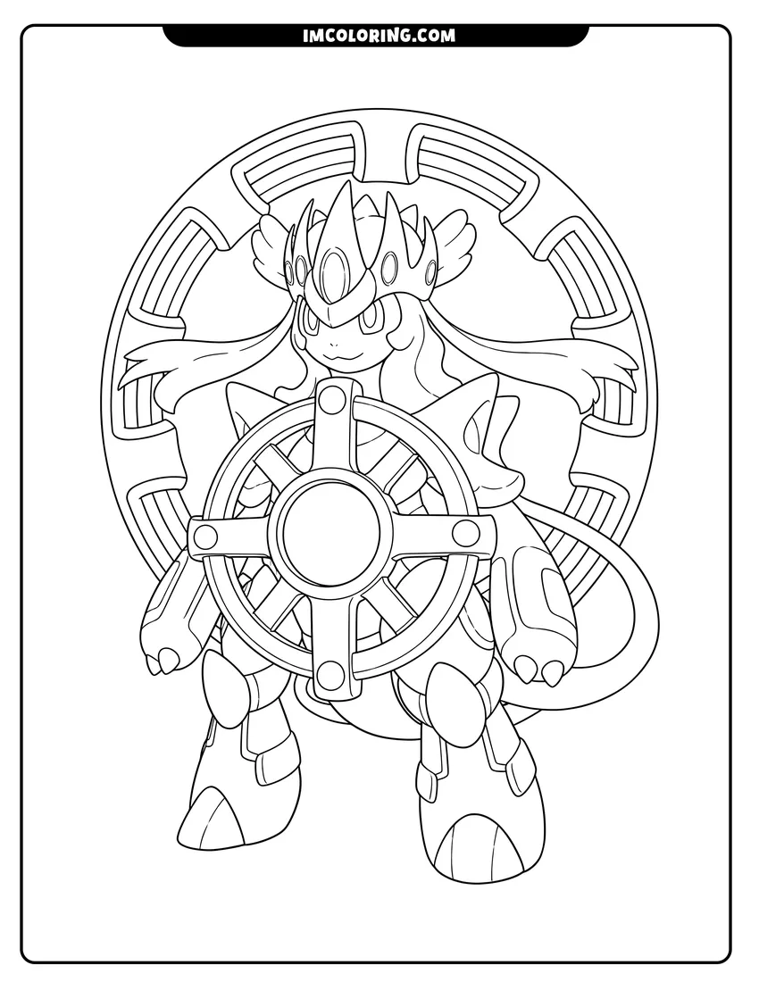 Simple line drawing of Primal Arceus with an ornate crown and celestial ring