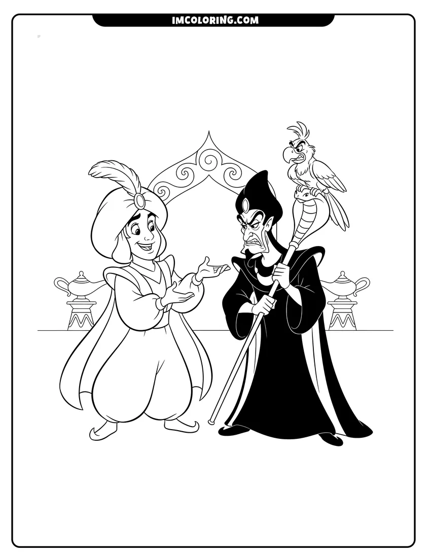 Easy-to-color Prince Ali taunting Jafar in the palace hallway illustration