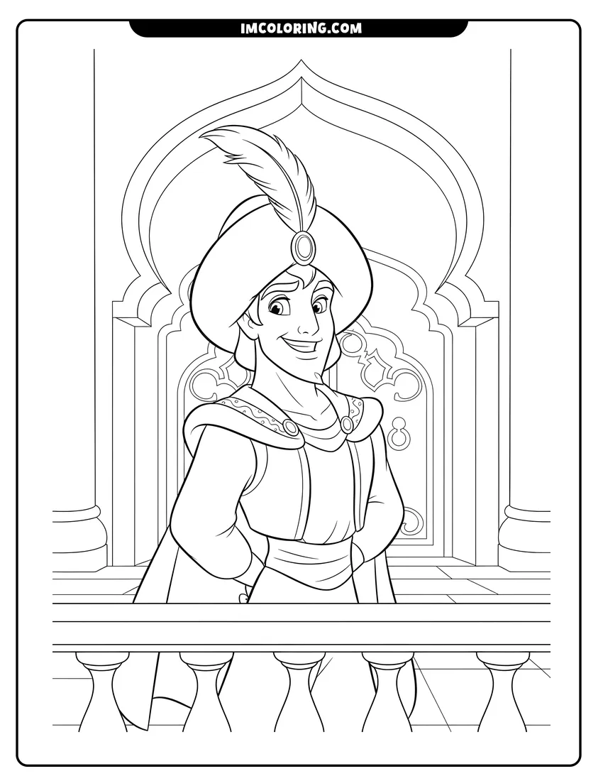 Detailed Aladdin as Prince Ali wearing a feathered turban on balcony design for coloring
