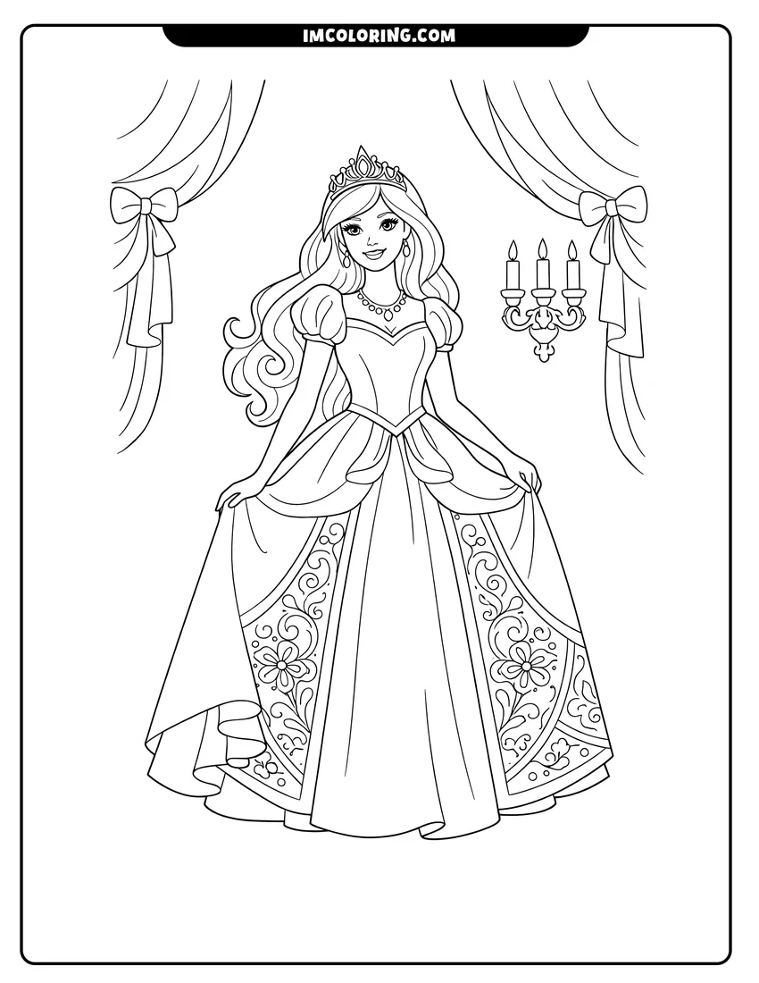 Illustration of Princess Barbie standing in her royal bedroom ready for painting