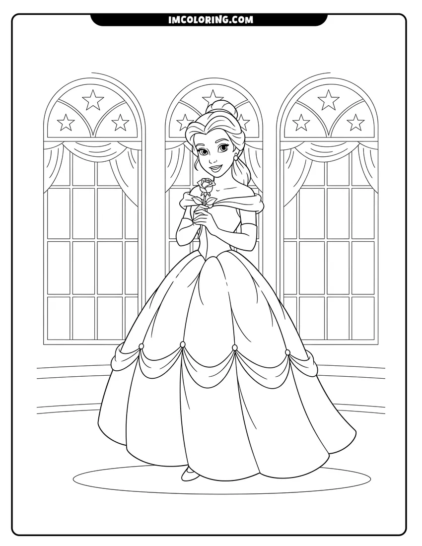 Kids activity sheet showing Princess Belle holding a rose in a ballroom
