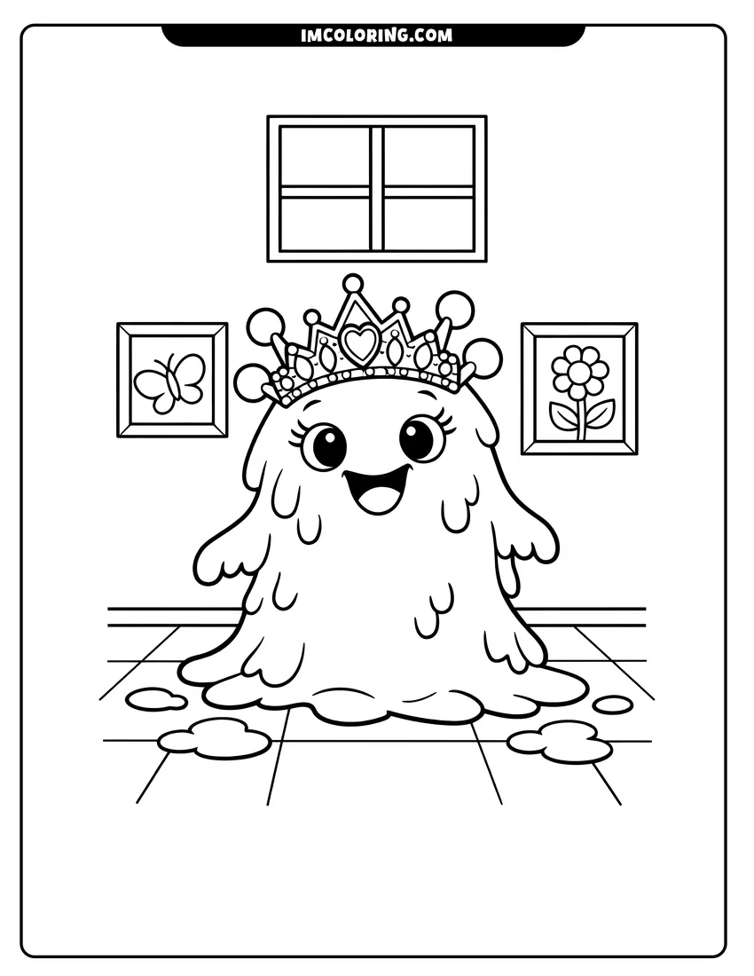 Detailed Princess Flug wearing a crown in a room design for coloring