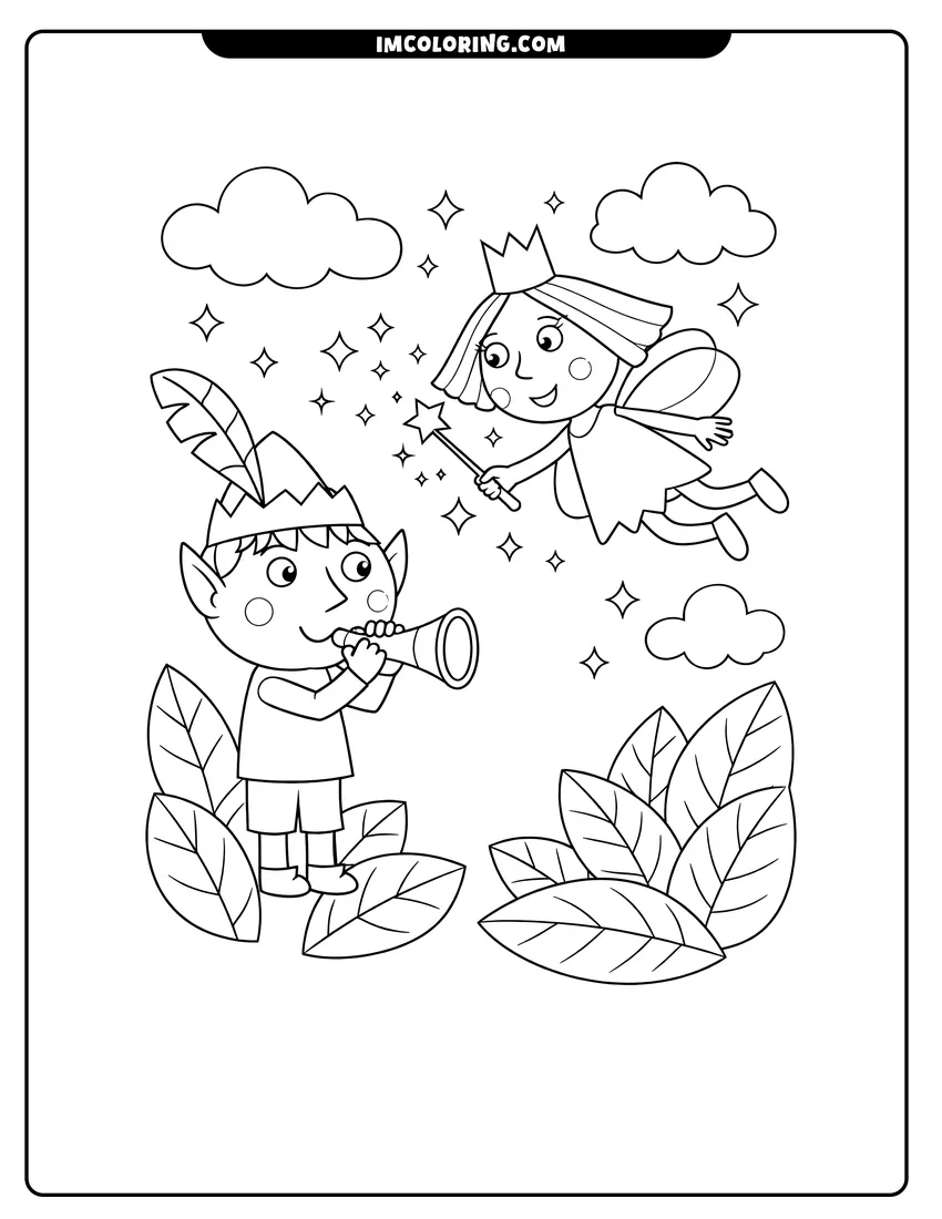 Scene showing Princess Holly and Ben Elf flying with wand and horn to color