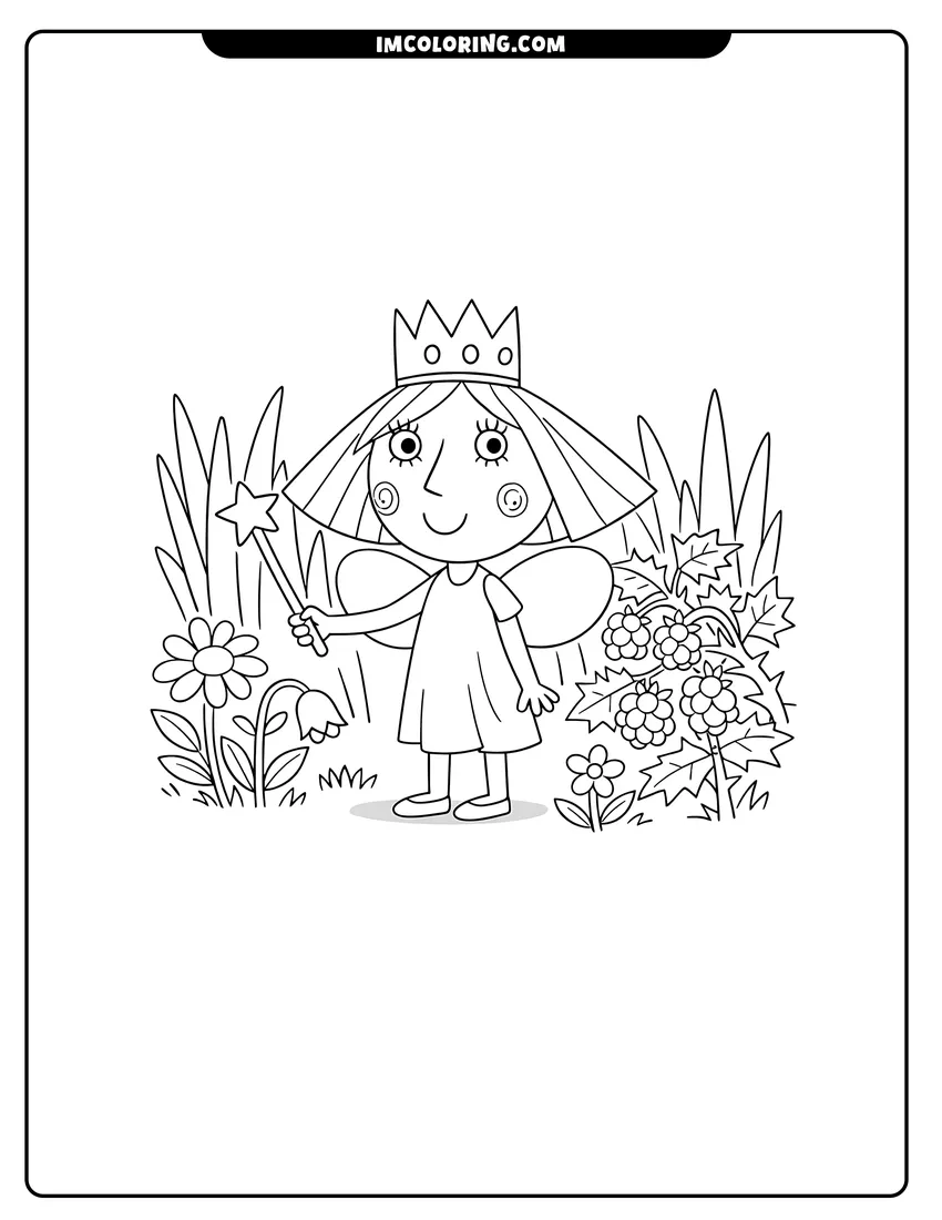 Outline of Princess Holly Thistle standing in a forest with flowers on a white background