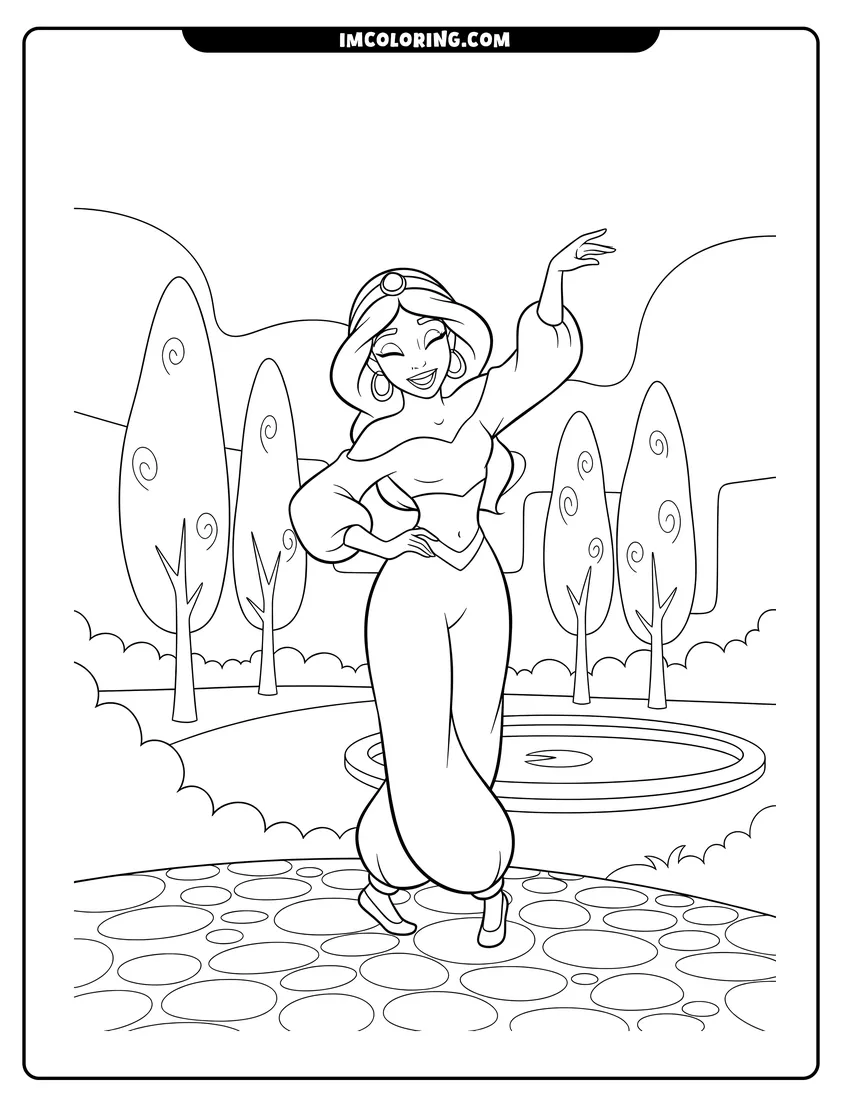 Printable outline of Princess Jasmine dancing in a garden with trees and water
