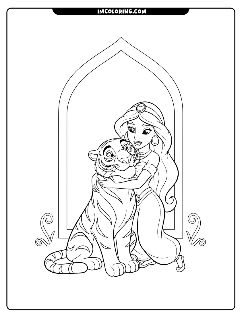 Black and white Princess Jasmine embracing Rajah the tiger coloring sheet