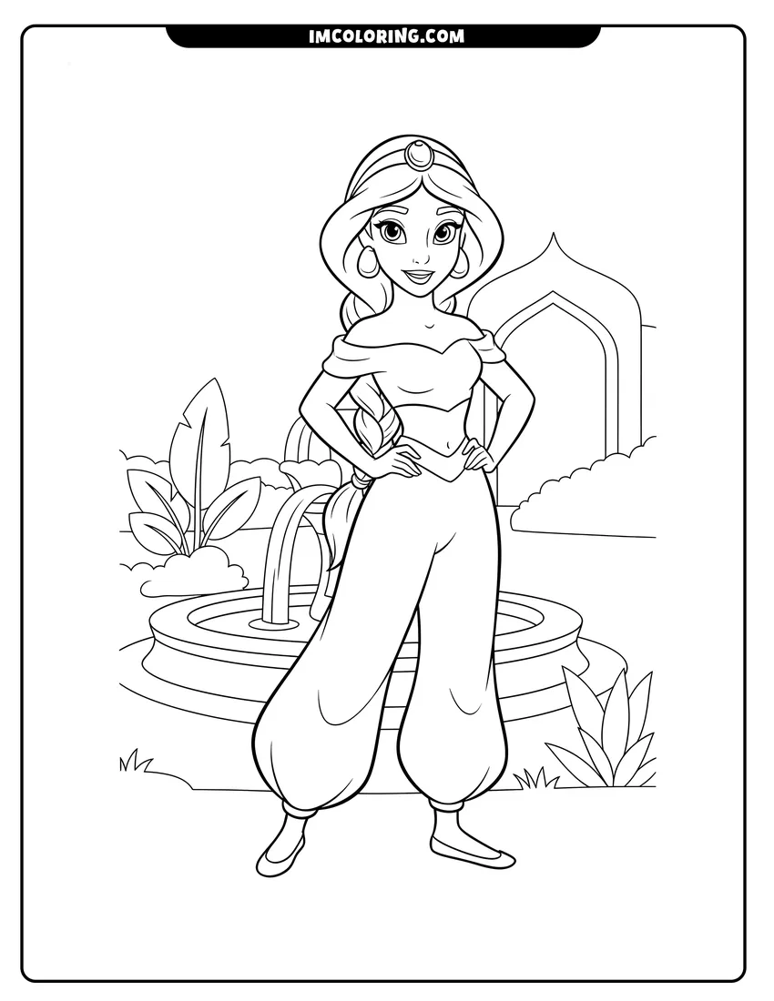Simple line drawing of Princess Jasmine standing in a garden with a fountain