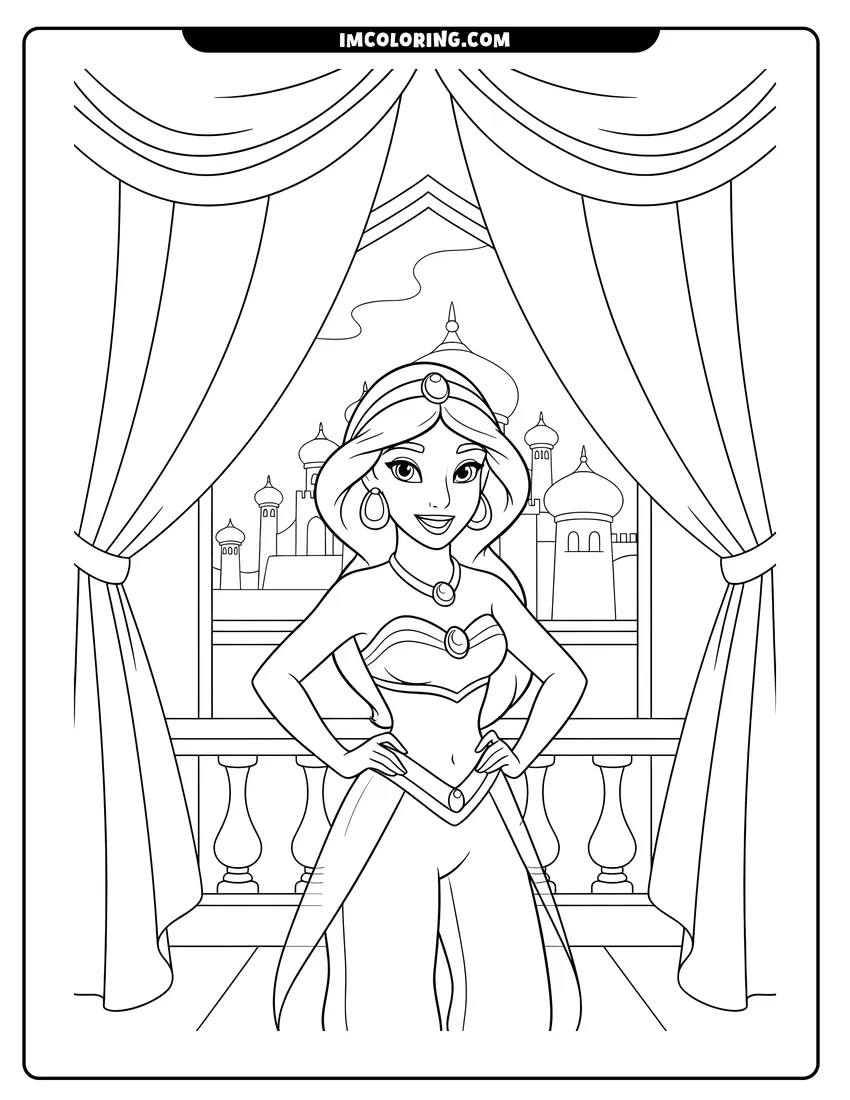 Kids activity sheet showing Princess Jasmine posing on a balcony with curtains