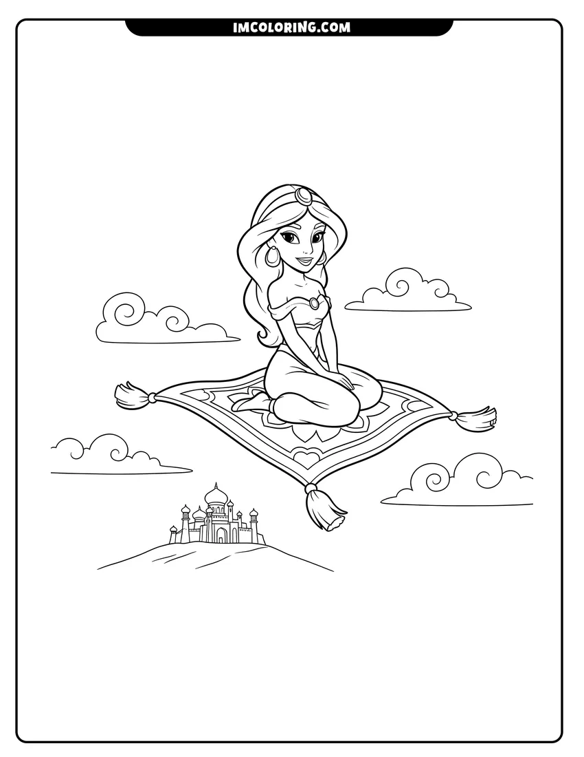 Simple line drawing of Princess Jasmine flying on the magic carpet above Agrabah