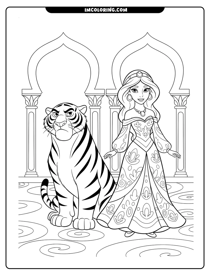 Princess Jasmine in a gown with Rajah the tiger drawing meant for coloring