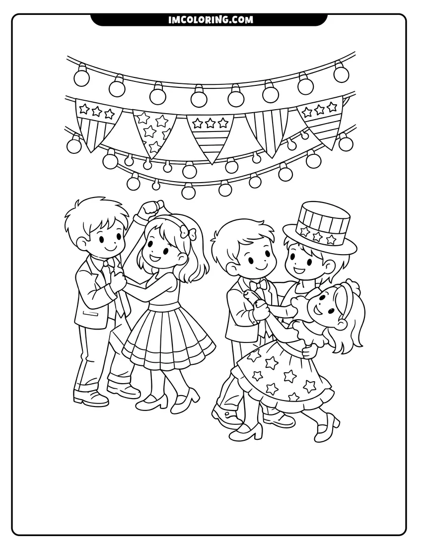 Printable outline of Couples dancing under festive lights and star banners
