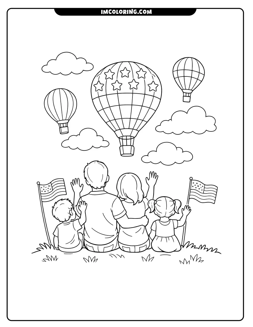 Family waving at patriotic hot air balloons drawing meant for coloring