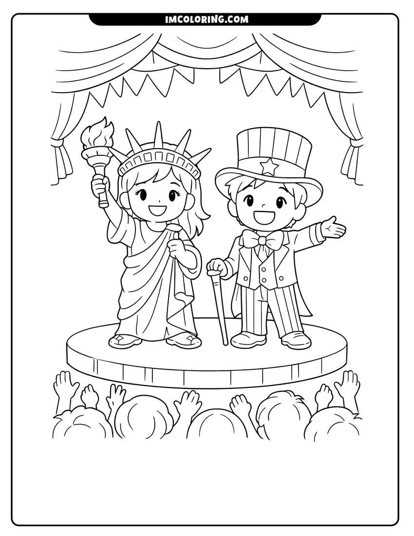 Printable outline of Kids performing as Lady Liberty and Uncle Sam