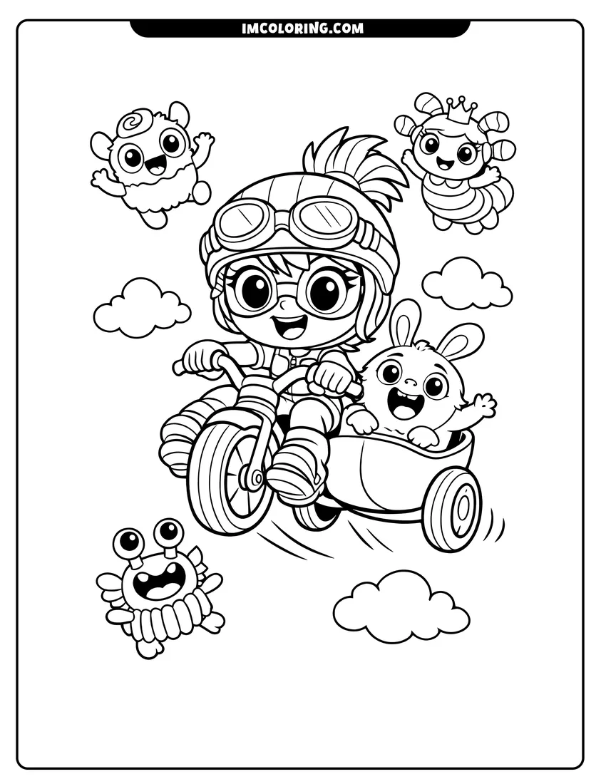 Scene showing Abby Hatcher and Bozzly riding a tricycle in air to color