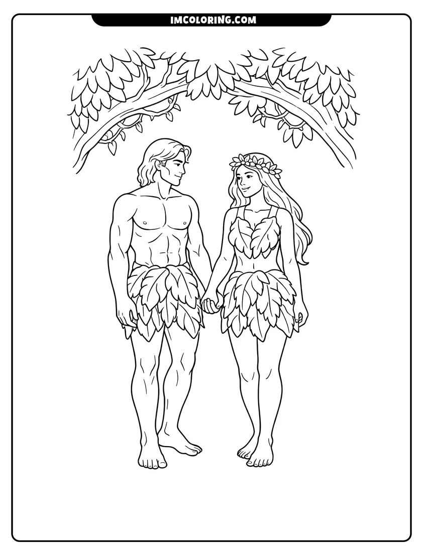 Black and white Adam and Eve exploring the garden together coloring sheet