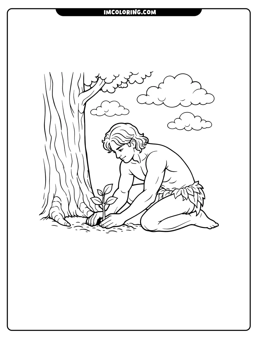 Scene showing Adam planting a small tree in the garden to color