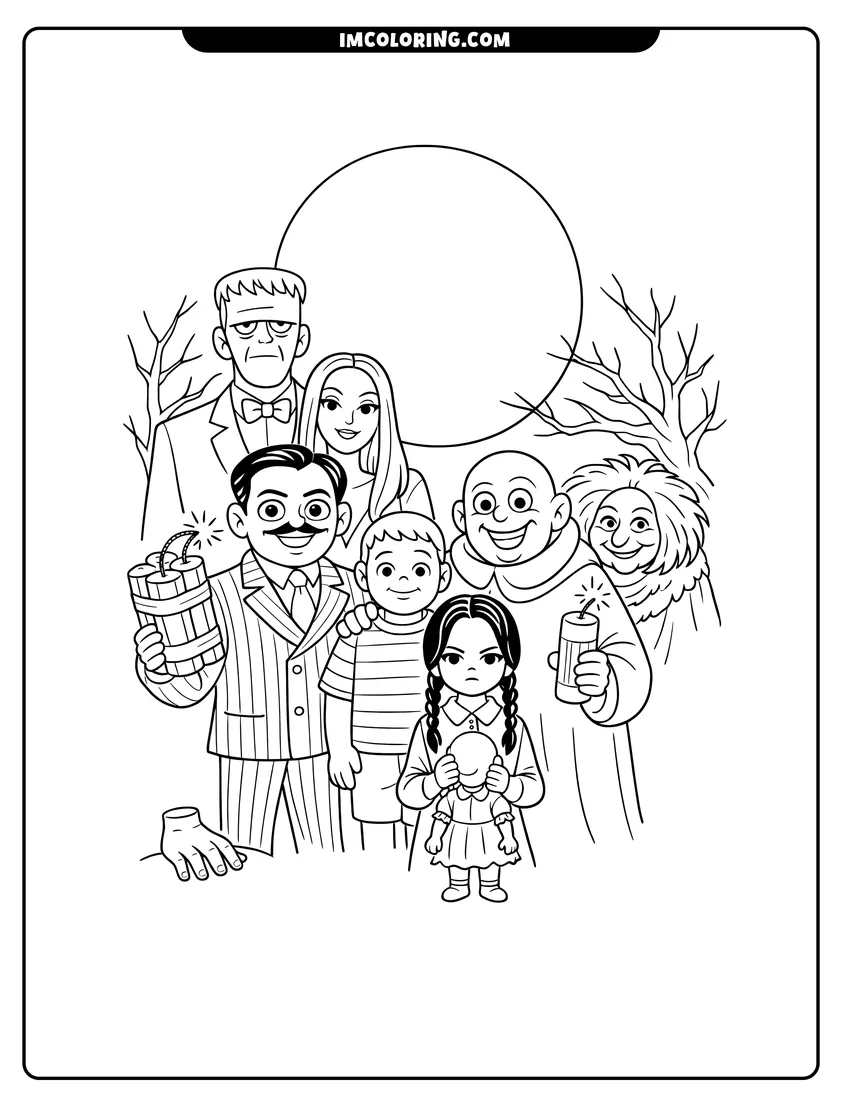 Addams Family characters posing in a spooky moonlit cemetery coloring page for preschoolers
