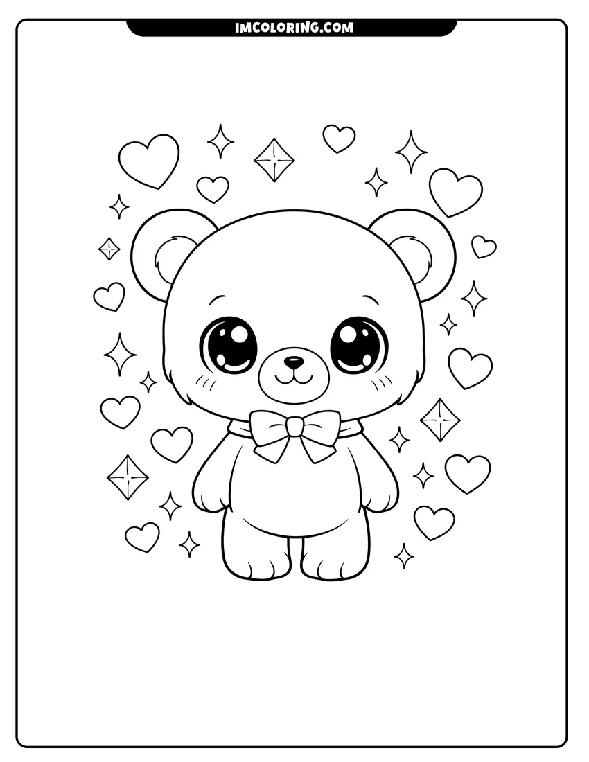 Cute Chibi style bear with hearts and diamonds outline for coloring