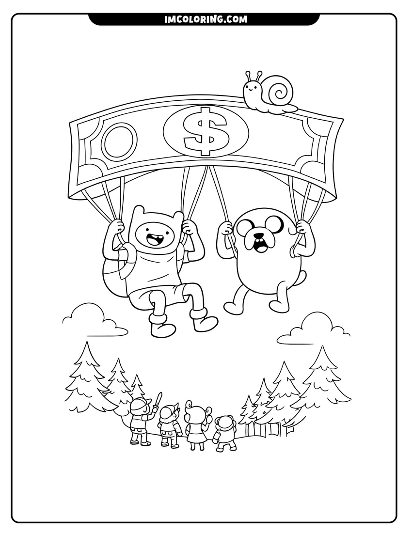 Simple sketch of Finn and Jake using dollar bill parachute for children