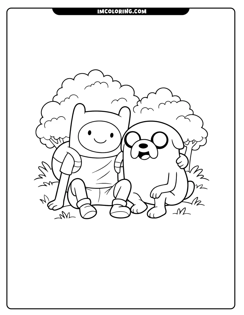 Outline of Finn and Jake sitting on a hill on a white background