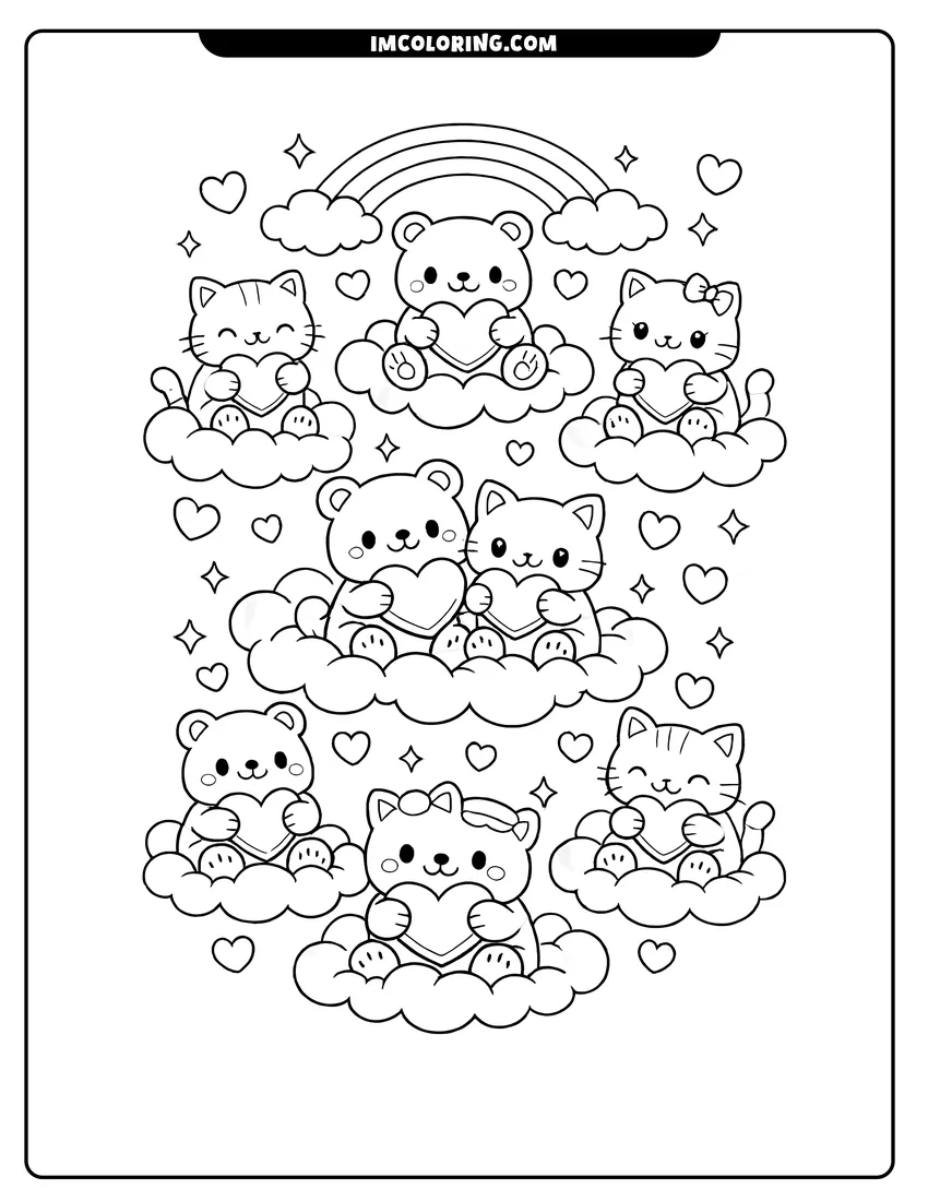 Scene showing Kawaii bears and cats on clouds with rainbows to color