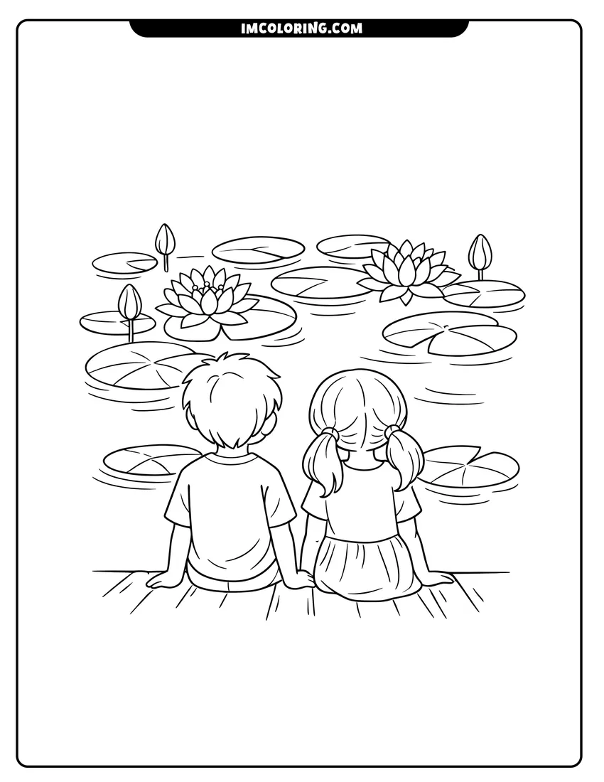 Line art depicting Water lilies and lily pads on a pond surface