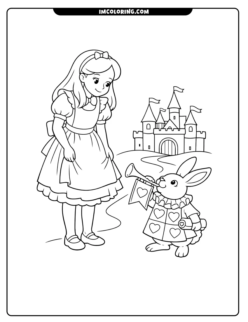 Simple line drawing of Alice talking to the White Rabbit herald near castle