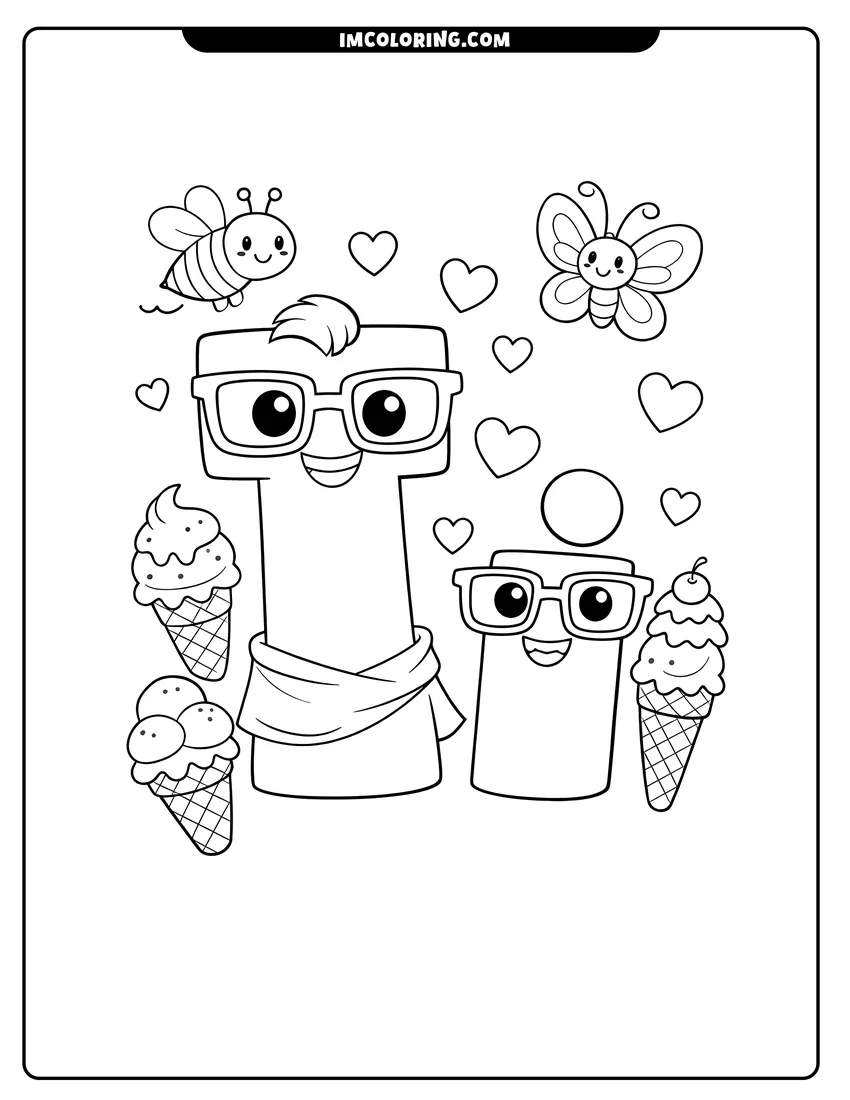 Cute Alphabet Lore letter I with ice cream and bee outline for coloring
