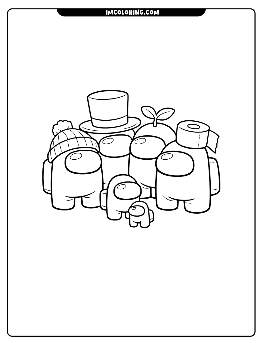 Scene showing Huddle of cute Among Us crewmates with pet to color