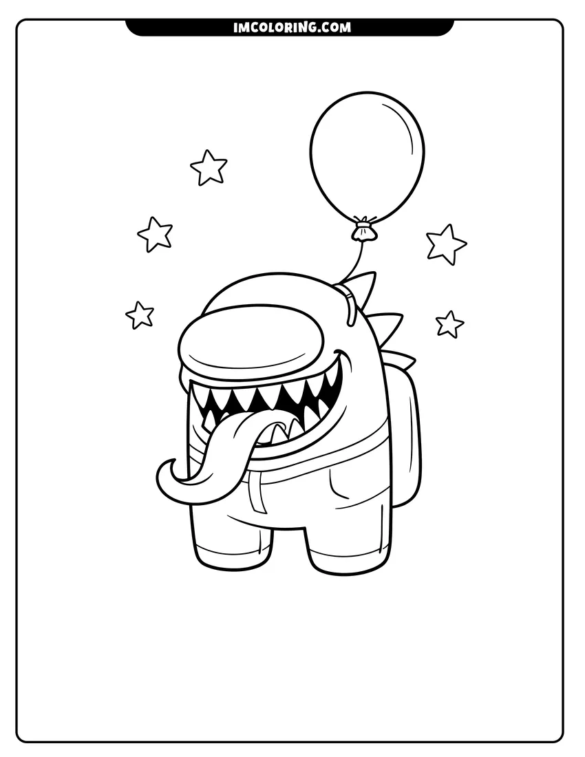 Coloring sheet of Kawaii Among Us imposter flying with a balloon for kids