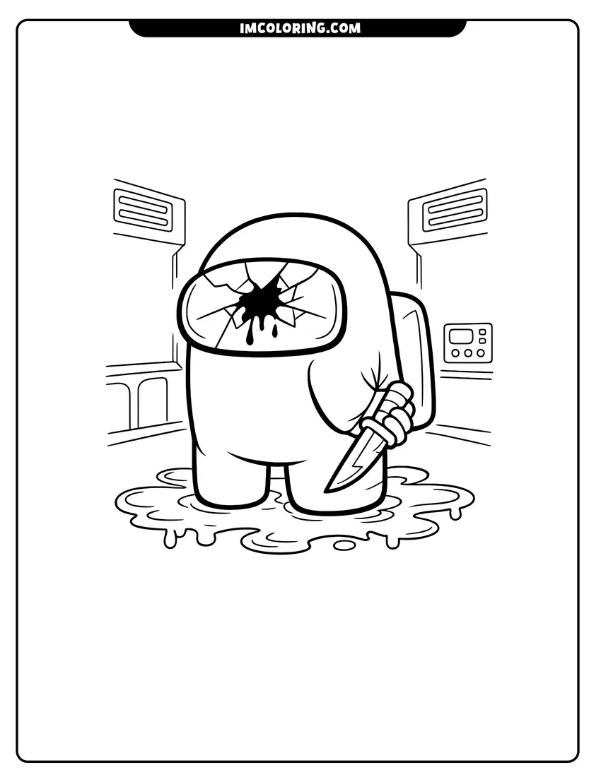 Simple sketch of Among Us imposter holding a knife with splatter for children