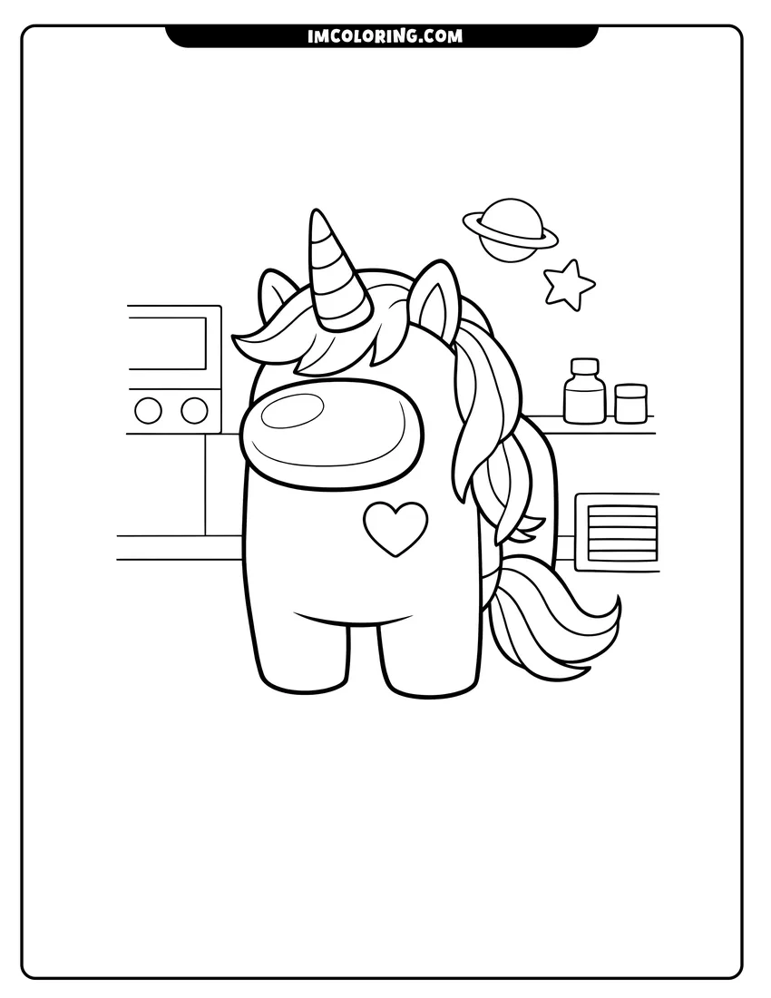 Kawaii style Among Us crewmate dressed as a unicorn coloring picture