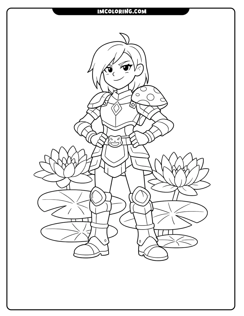 Sasha Waybright smiling in toad armor coloring page for preschoolers