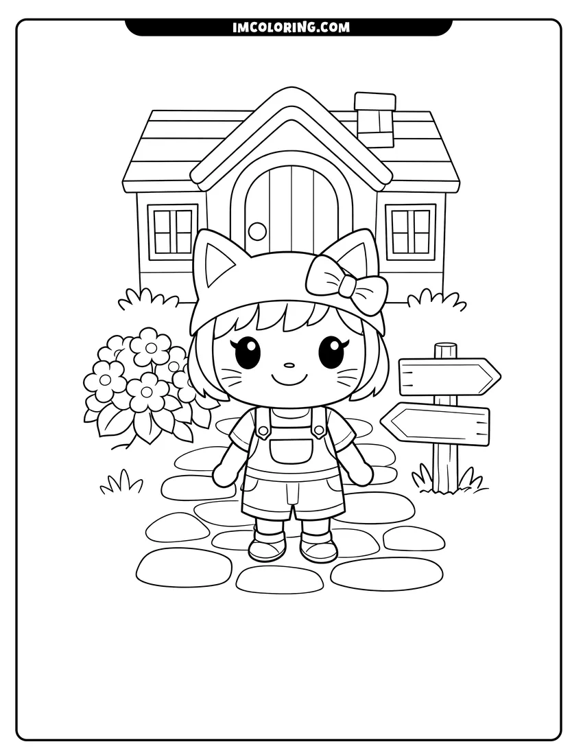 Simple sketch of Villager in cat-ear hat standing before a house for children