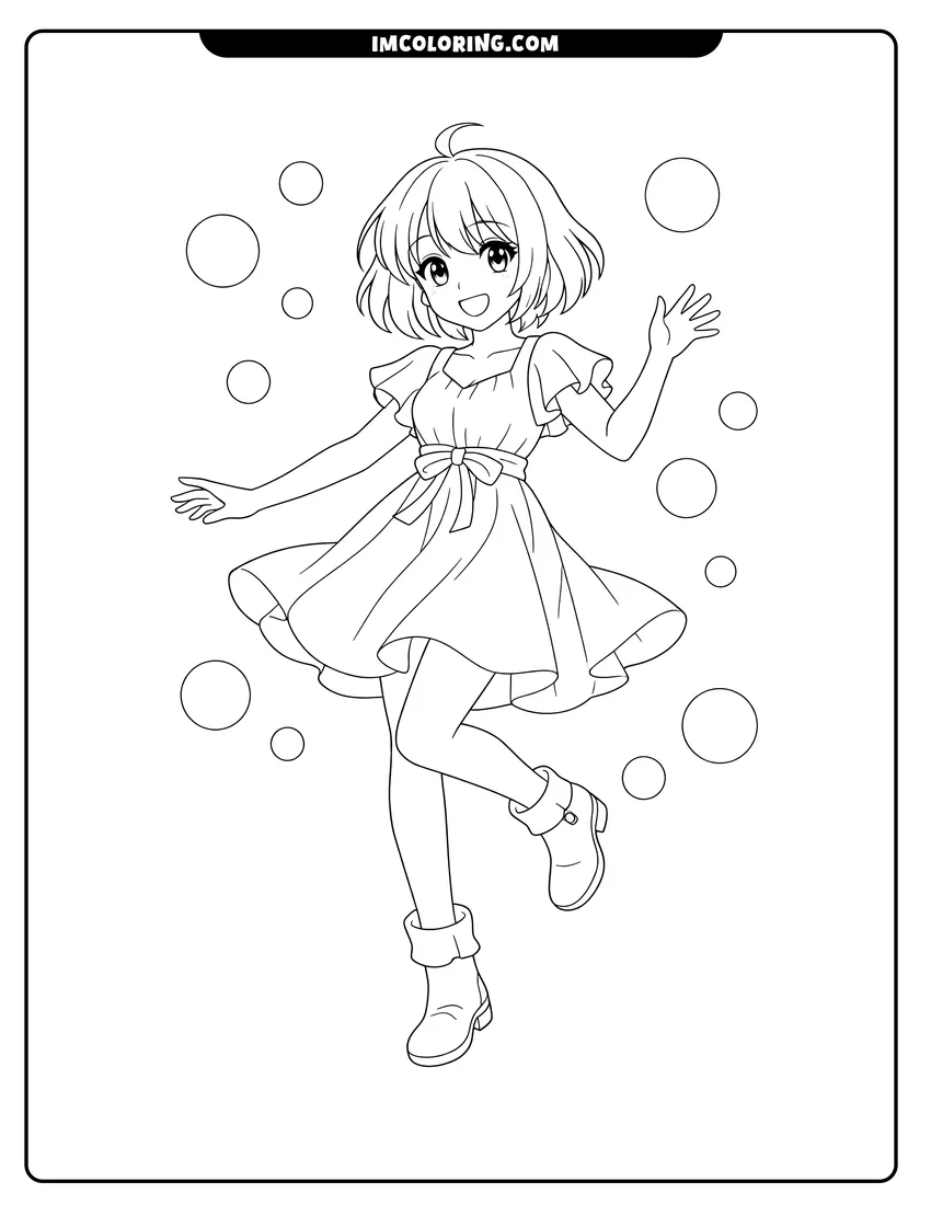 Simple line drawing of Anime girl wearing a flowing dress and boots