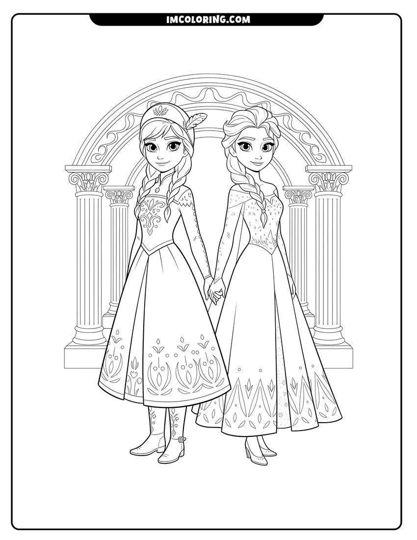 Scene showing Anna and Elsa holding hands in a grand ballroom to color