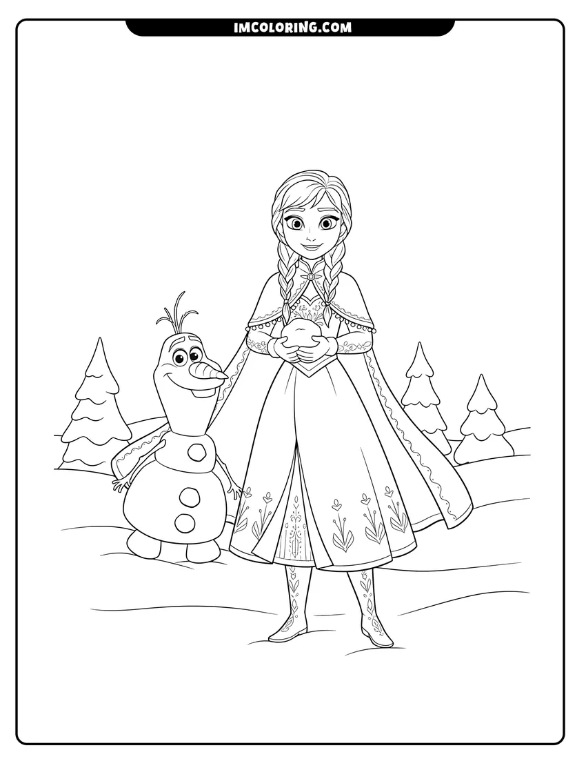 Outline of Anna holding a snowball next to Olaf on a white background