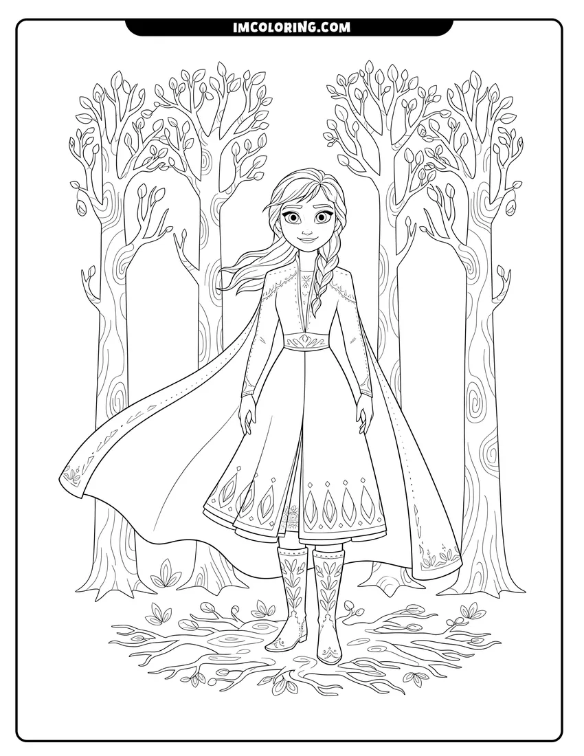 Anna in her travel dress standing among stylized trees drawing meant for coloring